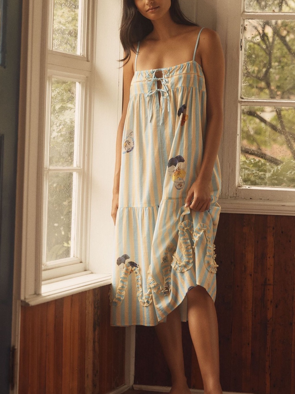 Anthropologie Nap Dress Lyrebird New Stripe New Medium Blue Stripe Pansies Flora